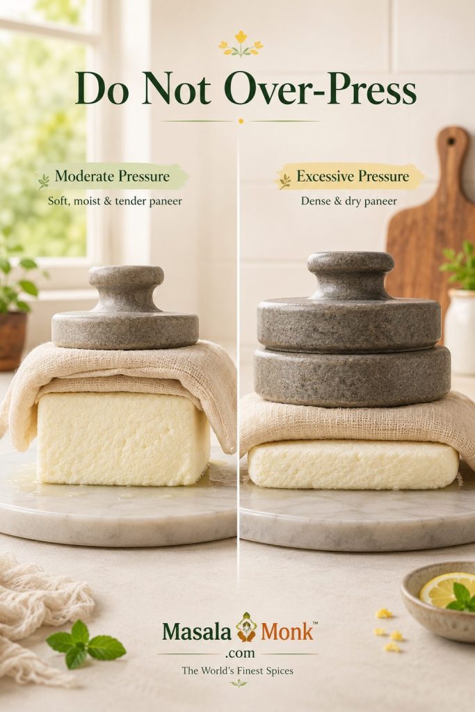 Light pressing compared with heavy pressing for paneer, showing a moist block and a denser compressed block.