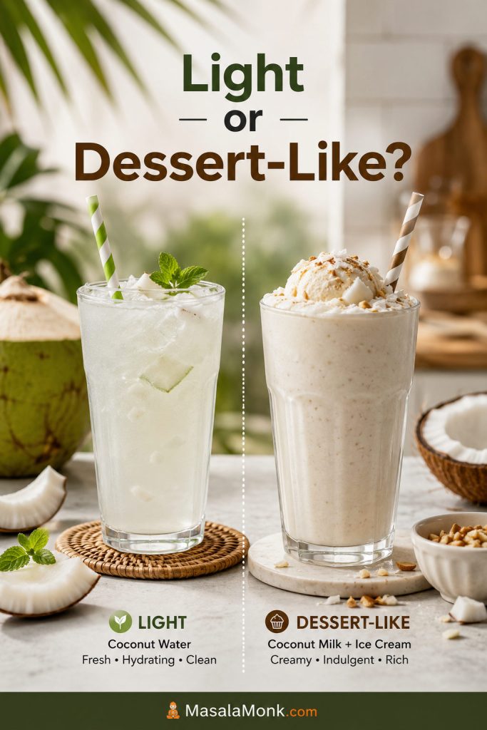 Comparison of a light coconut water shake and a richer dessert-style coconut milk and ice cream shake.