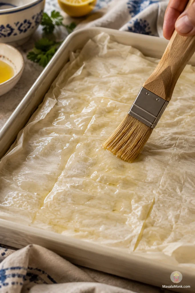 A pastry brush spreading a thin sheen of oil over wrinkled phyllo sheets in a baking pan.