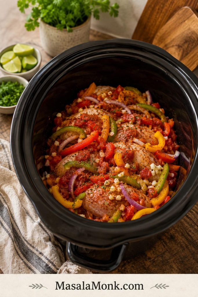 Raw chicken breasts layered in a slow cooker with sliced bell peppers, onions, salsa, garlic, and fajita seasoning before cooking.