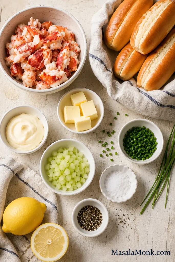 Ingredients for lobster rolls arranged on a light surface, including cooked lobster meat, split-top buns, butter, mayonnaise, lemon, celery, chives, salt, and black pepper.