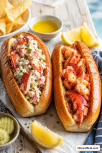 Two lobster rolls in toasted split-top buns, one filled with creamy Maine-style lobster and one filled with warm buttered lobster, served with lemon wedges, chips, pickles, and melted butter.