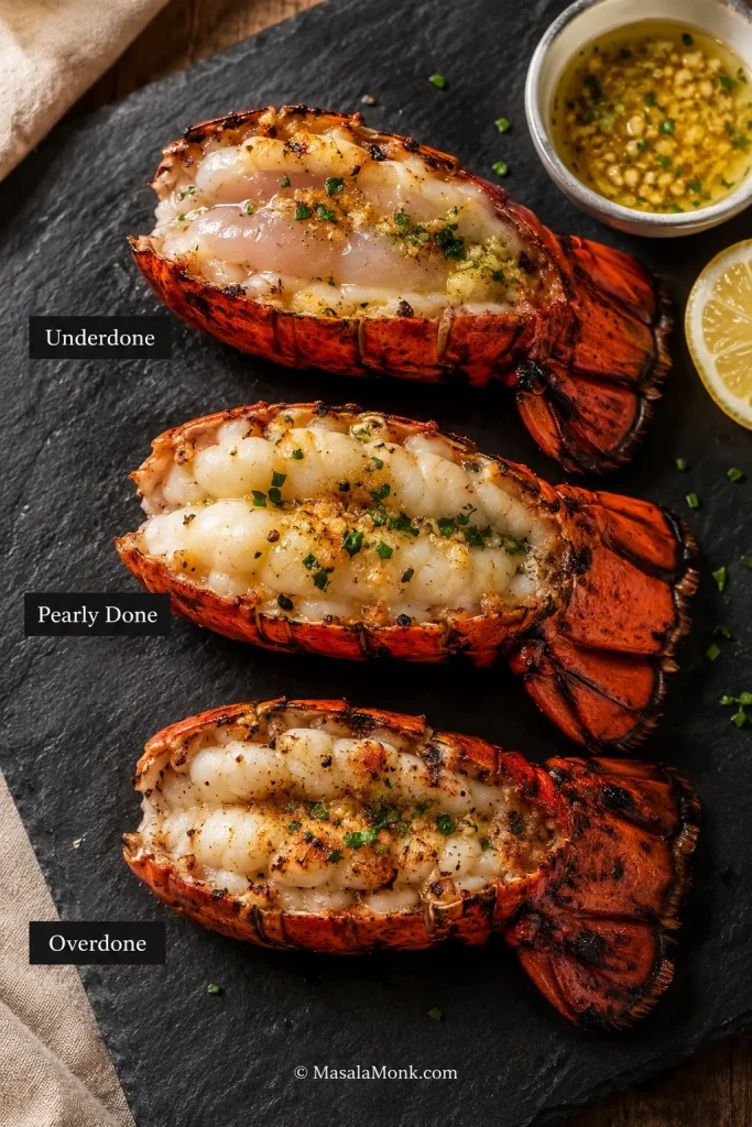 Comparison of underdone, pearly done, and overdone grilled lobster tail meat.