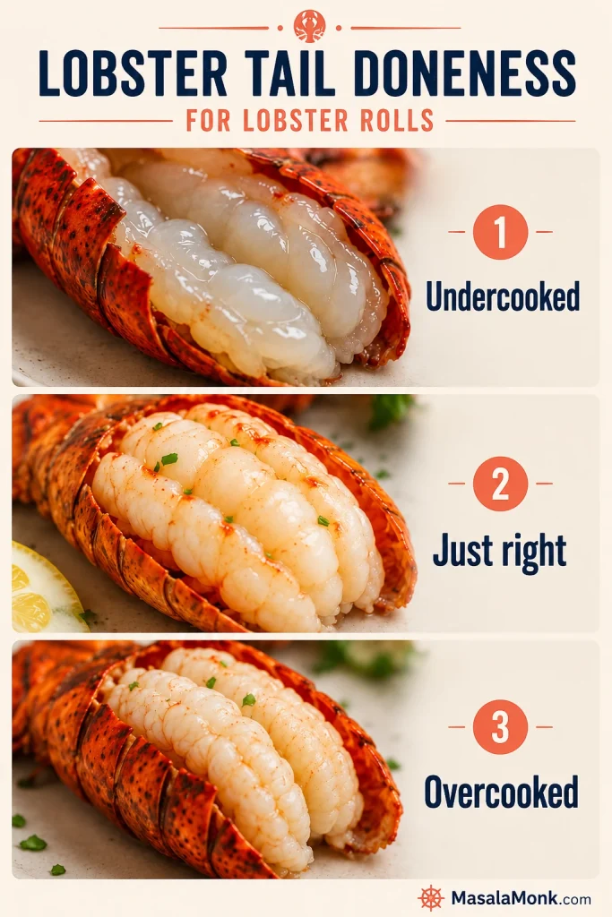 Three-panel lobster tail doneness guide labeled undercooked, just right, and overcooked, showing lobster tail meat at different stages.