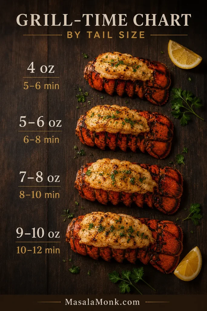 Grill time chart showing lobster tail sizes from 4 ounces to 10 ounces with cooking times.