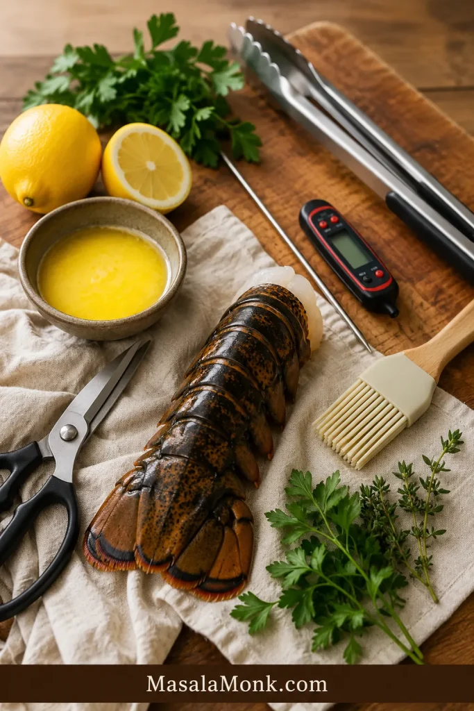 Tools for grilling lobster tails including kitchen shears, thermometer, tongs, basting brush, butter, lemon, and herbs.