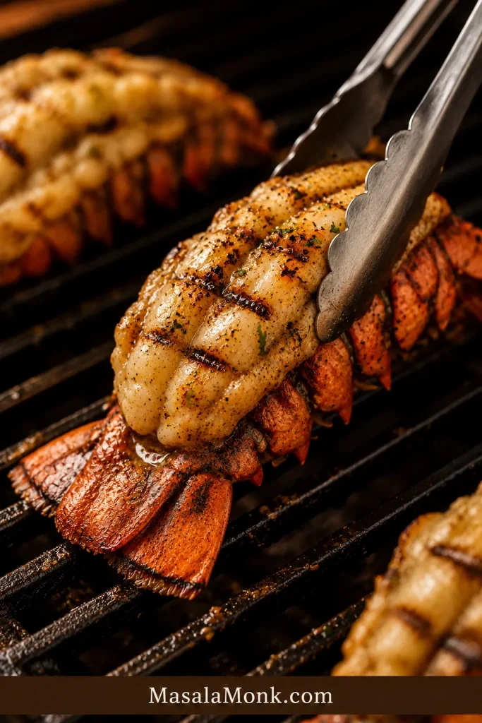 Tongs lifting a lobster tail from grill grates with light grill marks visible.