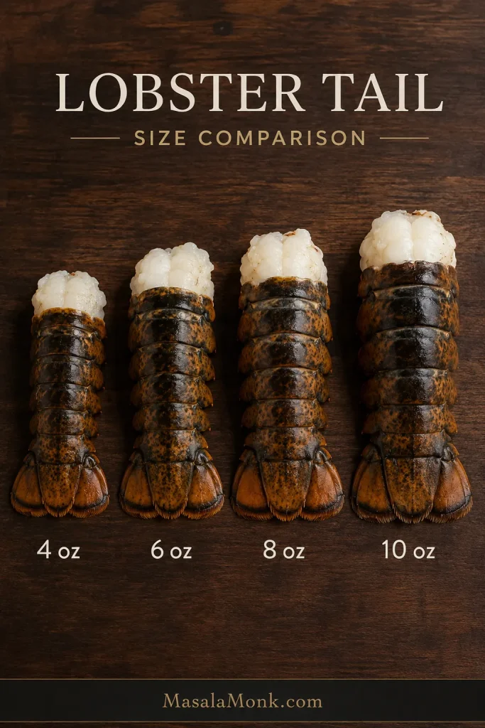 Four lobster tails arranged by size from 4 ounces to 10 ounces.
