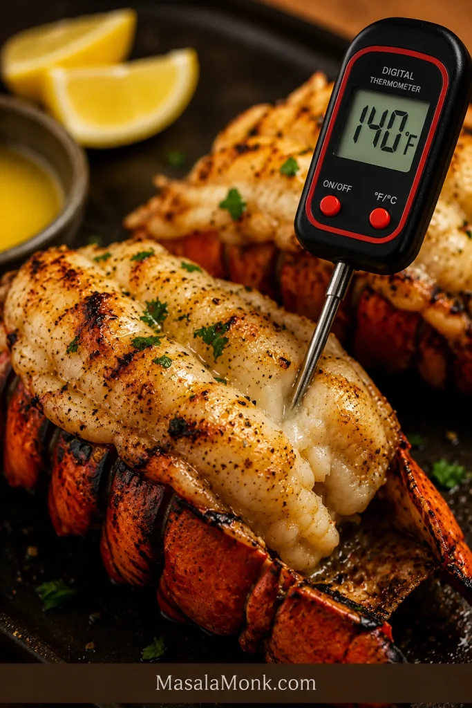 Instant-read thermometer inserted into the thickest part of a grilled lobster tail showing 140 degrees Fahrenheit.