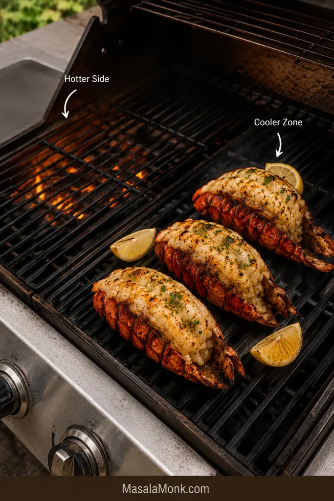 Lobster tails finishing shell-side down in the cooler zone of a grill.