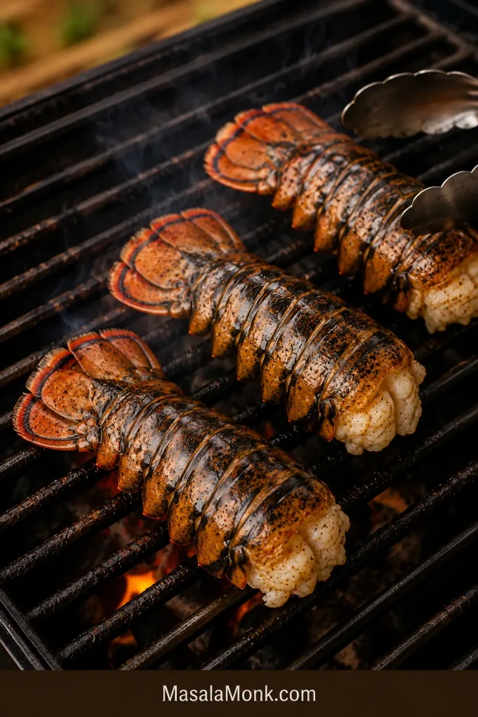 Split lobster tails placed flesh-side down on hot grill grates.