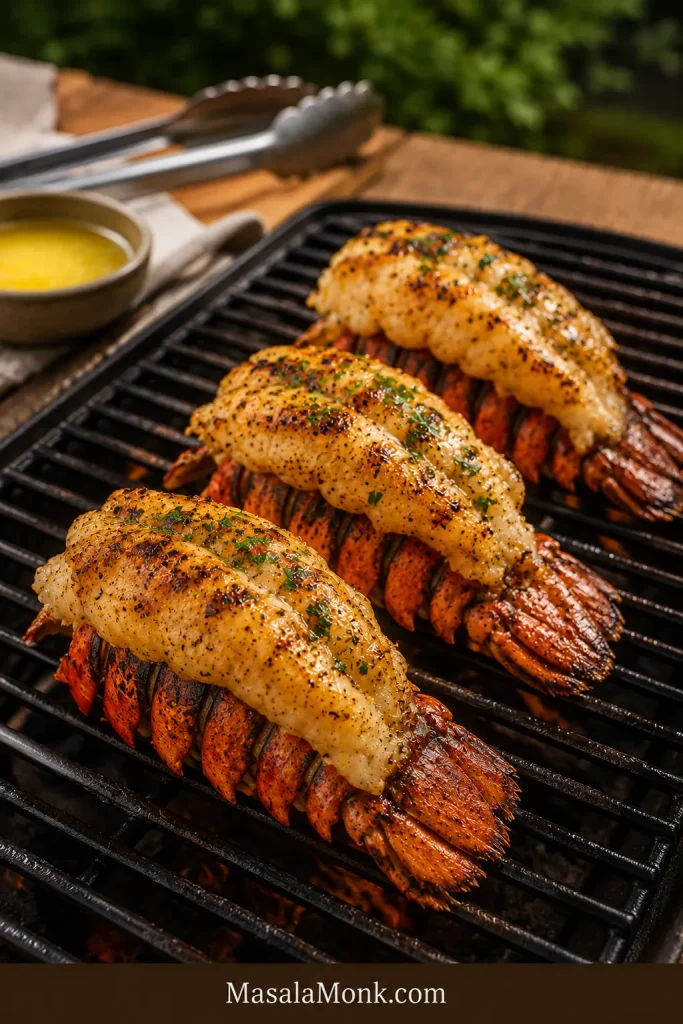 Lobster tails flipped shell-side down with the meat facing up on a grill.