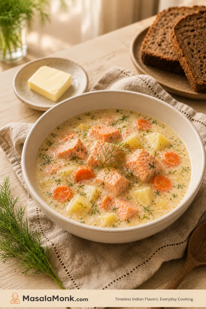Lohikeitto-style Finnish salmon soup served with rye bread, butter, dill, potatoes, carrots, and salmon.
