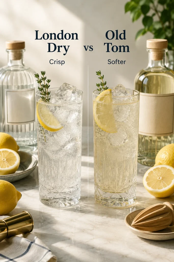 Two Tom Collins cocktails side by side comparing London dry gin and Old Tom gin, with generic gin bottles, lemons, ice, and labels.