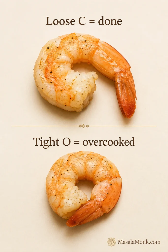 Comparison showing a loose C-shaped cooked shrimp and a tight O-shaped overcooked shrimp.