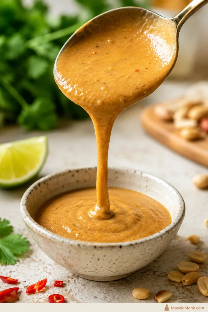 Loose peanut sauce falling from a spoon to show the texture needed for noodles.