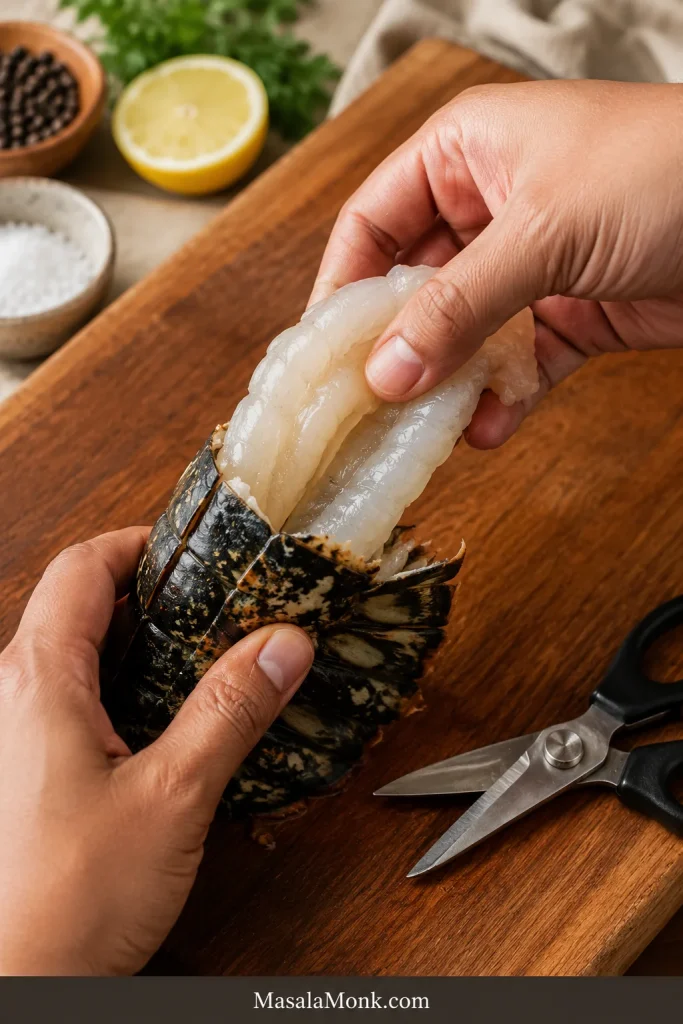 Hands loosening raw lobster tail meat from the shell after cutting the top shell.