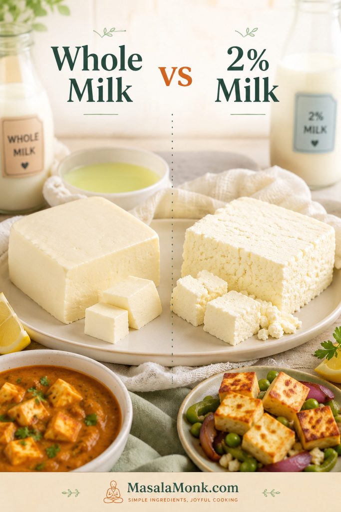 Whole milk paneer compared with a firmer and more crumbly 2 percent milk paneer result.