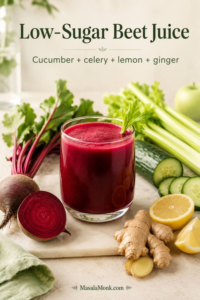 Glass of low-sugar beet juice with beetroot, cucumber, celery, lemon, ginger, and a small green apple in a light kitchen scene.