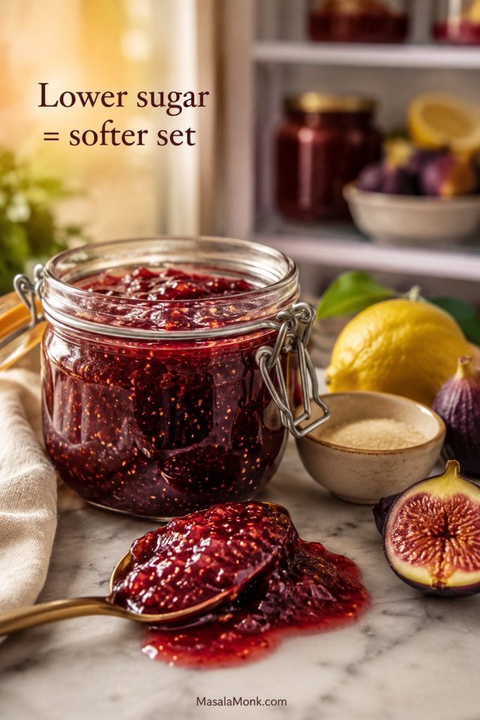 Low-sugar fig jam in a jar with lemon and a smaller amount of sugar nearby.