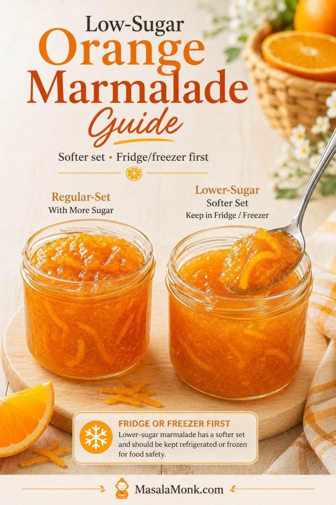 Two jars comparing regular-set orange marmalade and lower-sugar softer-set marmalade with a fridge or freezer storage reminder.