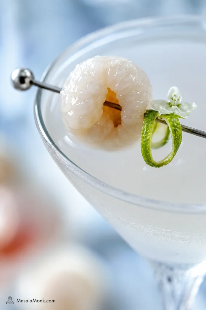Close-up of glossy lychee garnish on a cocktail pick resting across the rim of a chilled lychee martini glass.