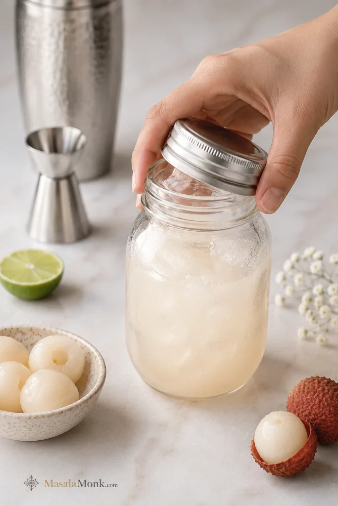 Mason jar filled with pale lychee martini mixture and ice, with a hand holding the lid.
