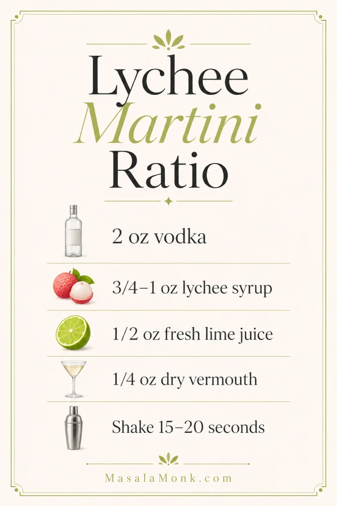 Graphic showing a lychee martini ratio with vodka, lychee syrup, lime juice, and dry vermouth.