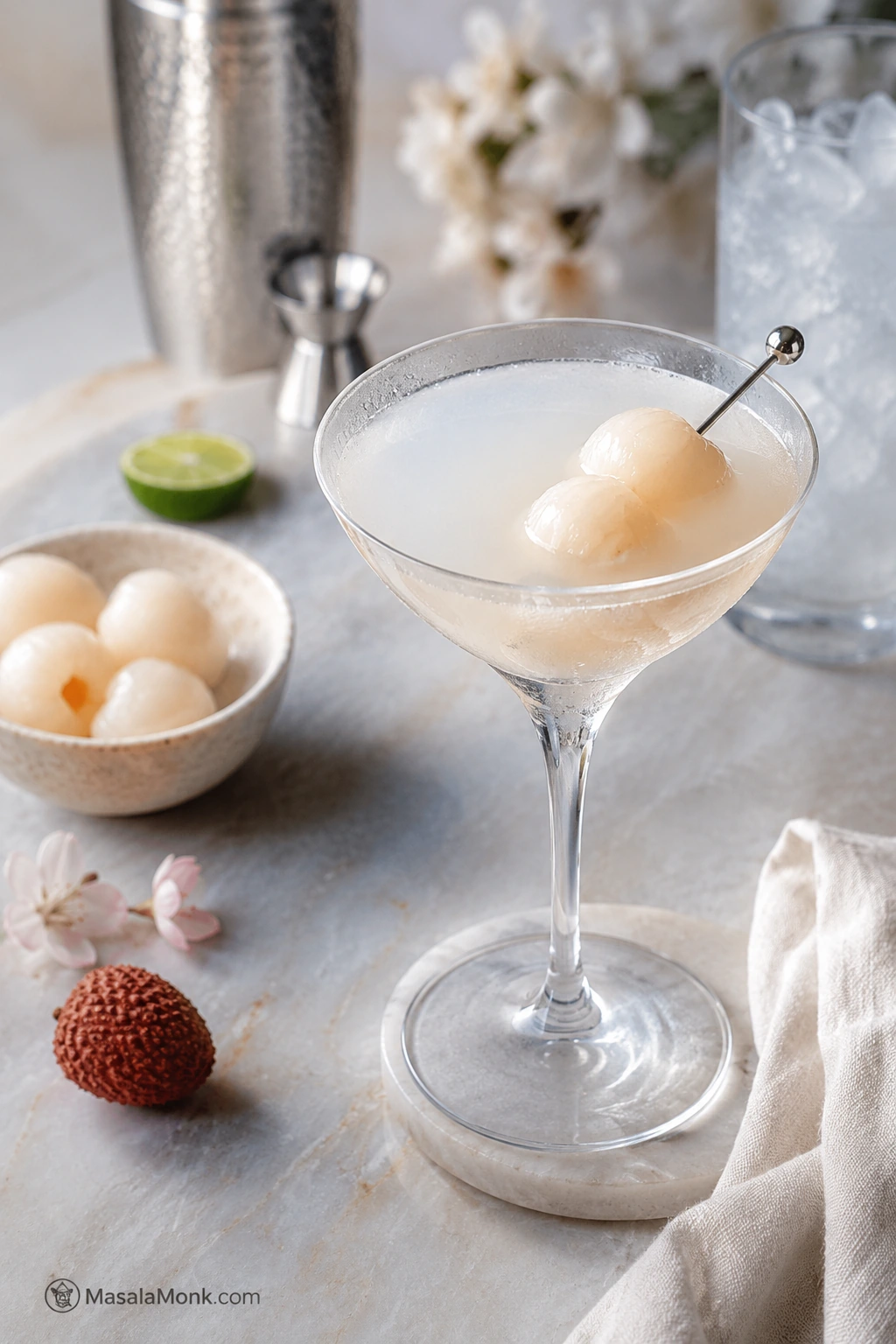 Chilled lychee martini in a coupe glass with lychee garnish on a cocktail pick on a pale stone surface.