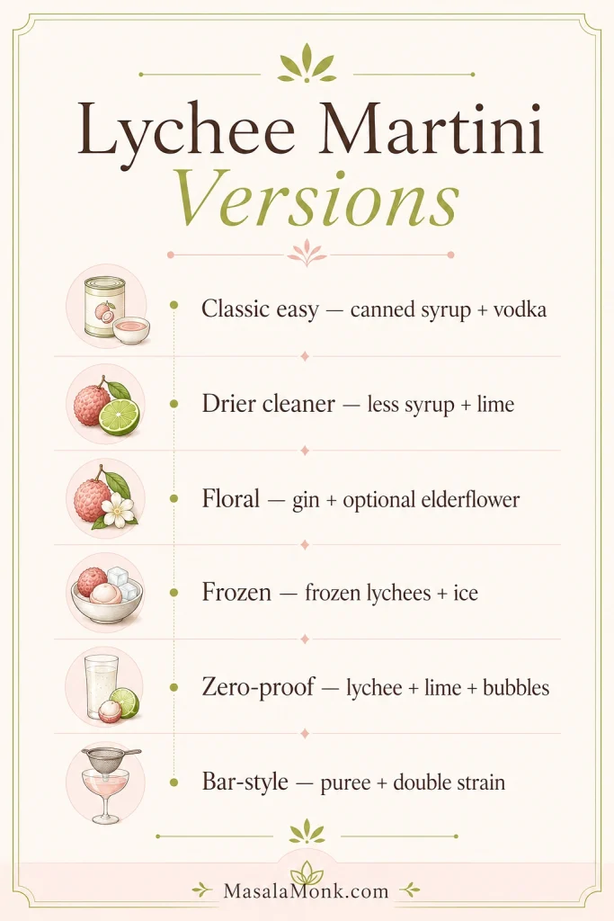 Graphic listing lychee martini versions including classic, drier, floral, frozen, zero-proof, and bar-style.