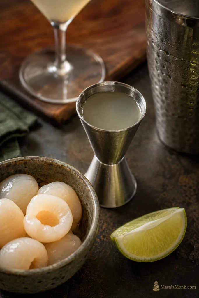 Jigger measuring lychee syrup beside canned lychees and a lime wedge for a lychee martini.