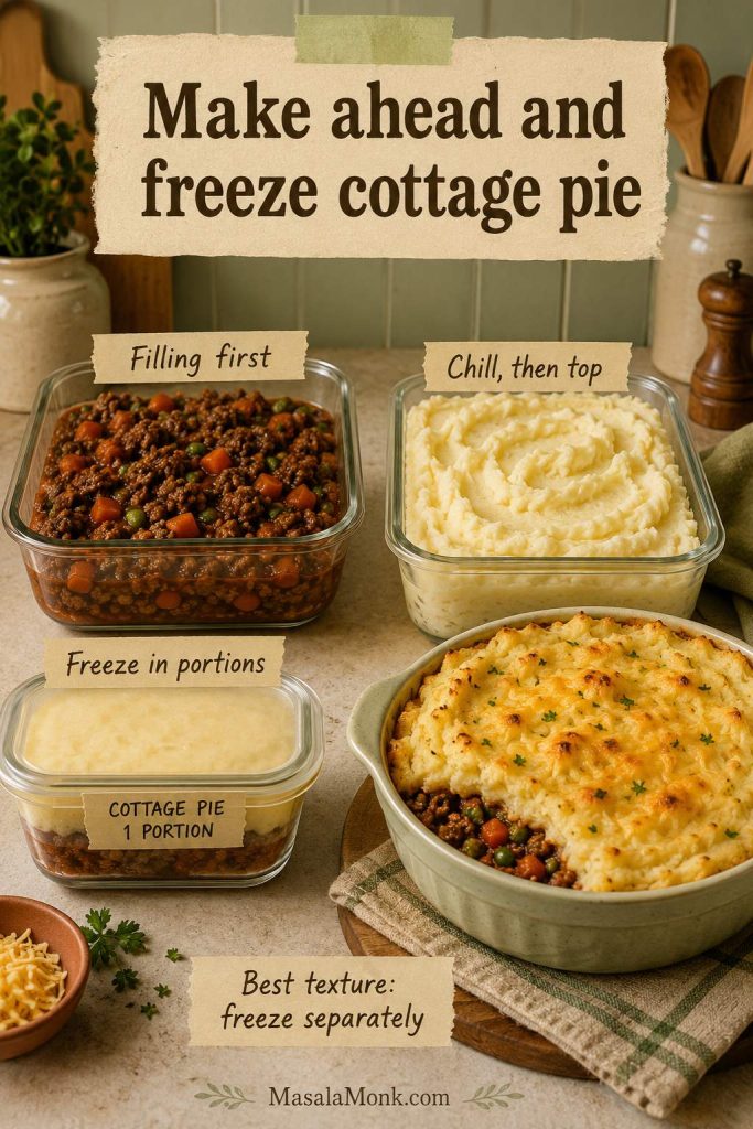 Make-ahead guide showing beef filling, mashed potato, freezer portions, and an assembled cottage pie dish ready to finish.