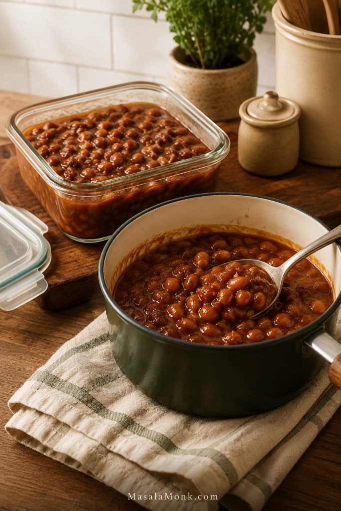 Baked beans in a glass container and saucepan for reheating.