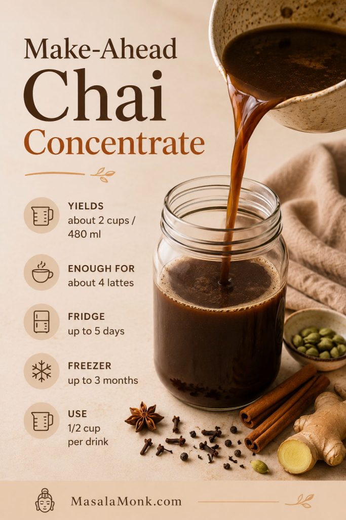 Make-ahead chai concentrate in a glass jar with cardamom, ginger, cinnamon, black tea, and callouts for yield, storage time, and use per drink.