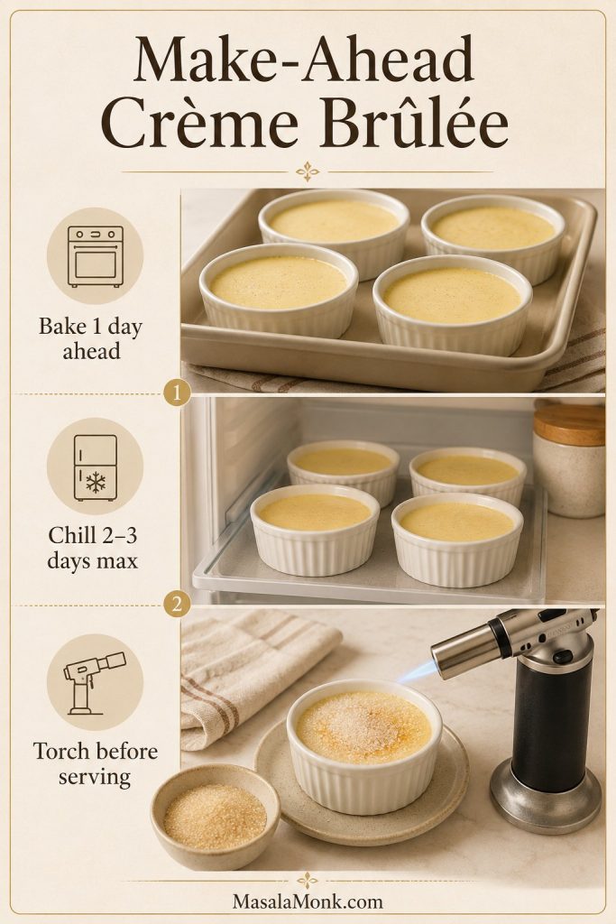 Make-ahead crème brûlée guide showing baked custards, chilled ramekins, and torching before serving.