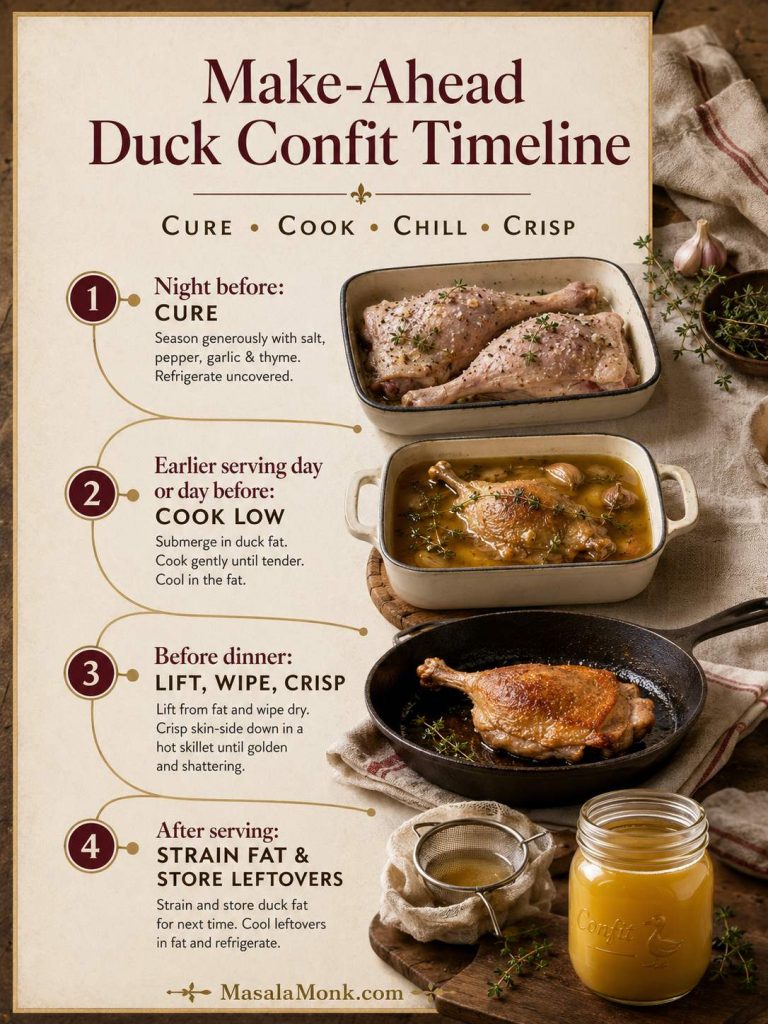 Make-ahead duck confit timeline showing curing, cooking low, crisping before dinner, and straining duck fat after serving.