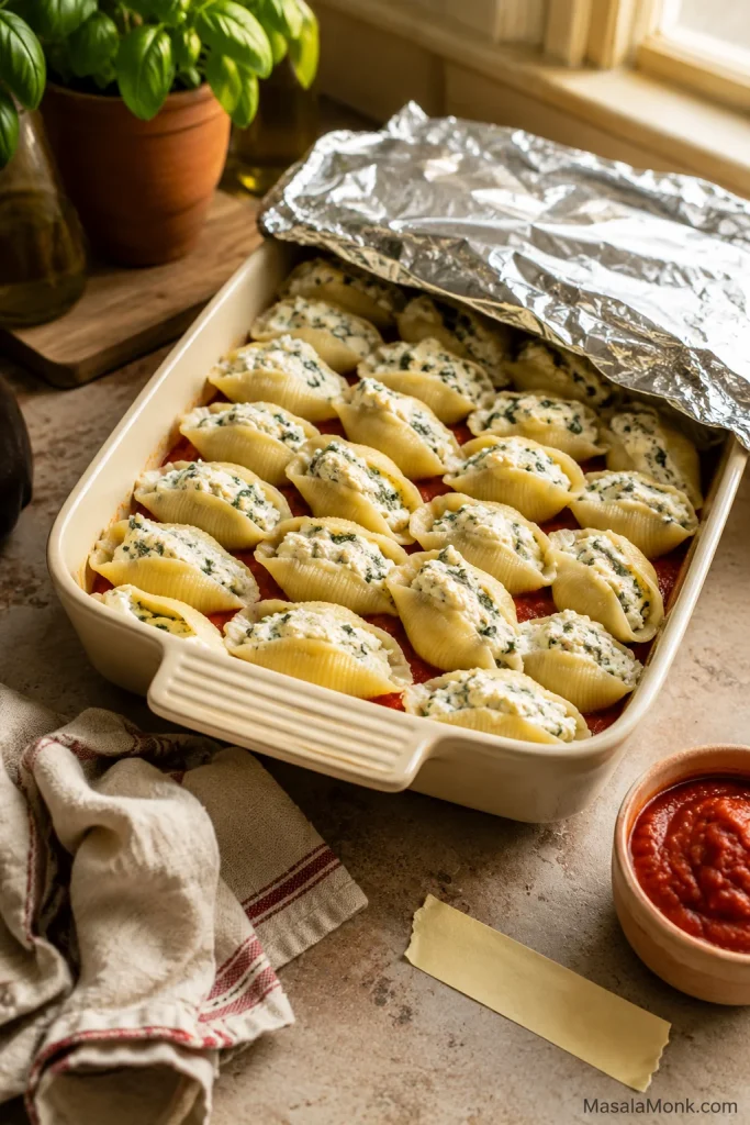 Unbaked stuffed shells in a baking dish partly covered with foil, with sauce nearby.
