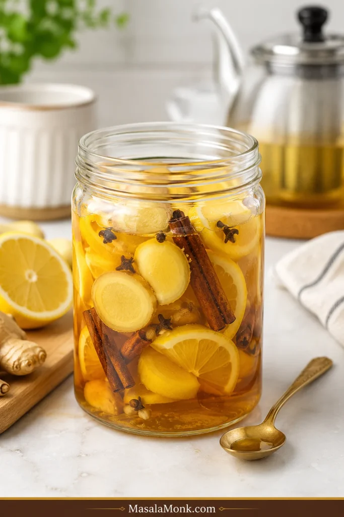 Jar of make-ahead lemon ginger hot toddy mix with honey, lemon peel, ginger slices, cinnamon sticks, cloves, and a spoon.