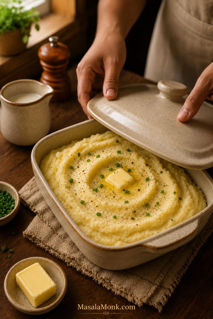 Hands covering a shallow dish of mashed potatoes with butter and a small milk jug nearby.