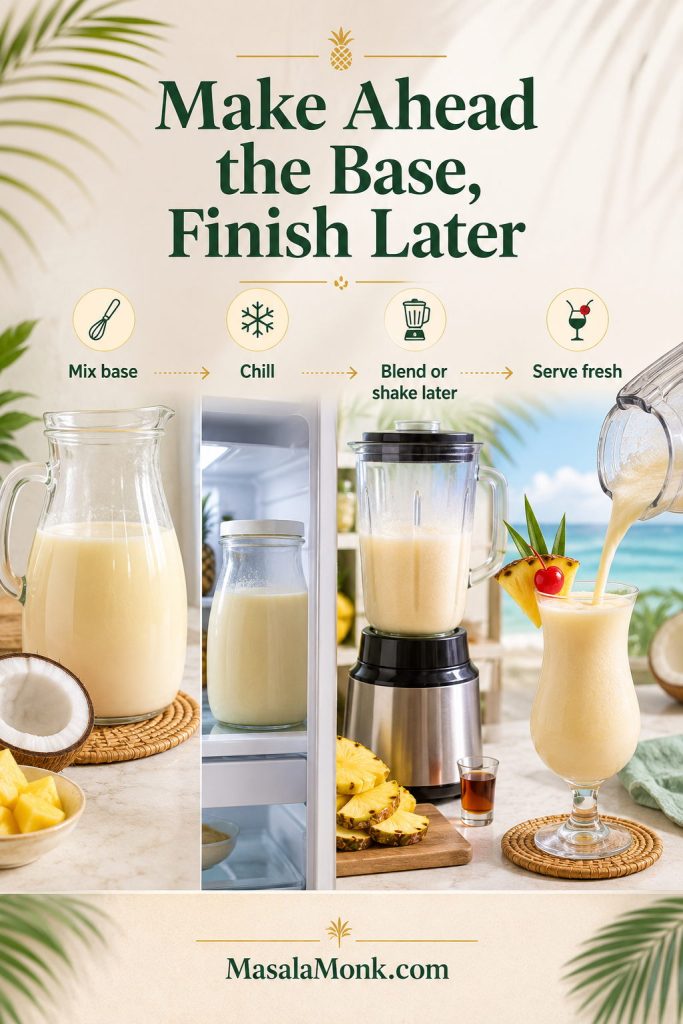 Make-ahead pina colada guide showing cold base, chill step, blend or shake later, and serve fresh.