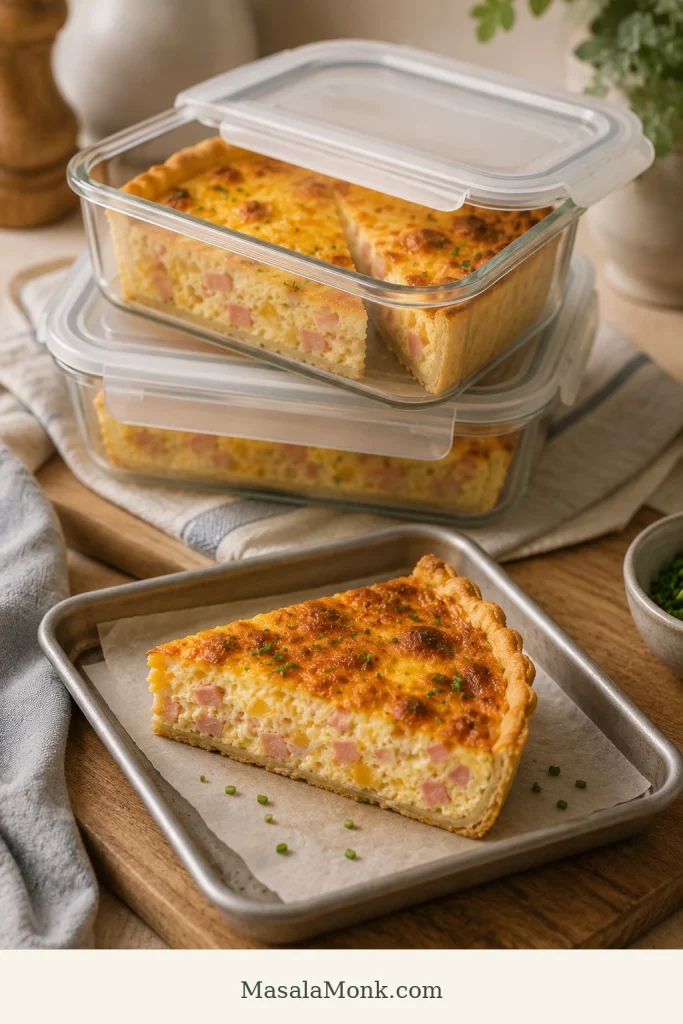 Slices of ham and cheese quiche stored in clear containers with one slice on a parchment-lined reheating tray.