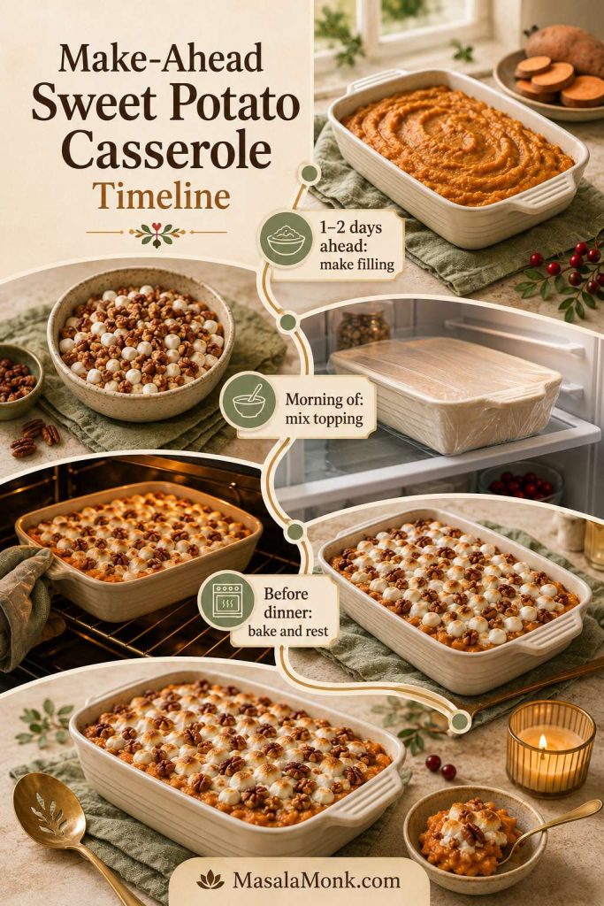 Make-ahead timeline for sweet potato casserole showing filling made 1 to 2 days ahead, topping mixed the morning of serving, and casserole baked and rested before dinner