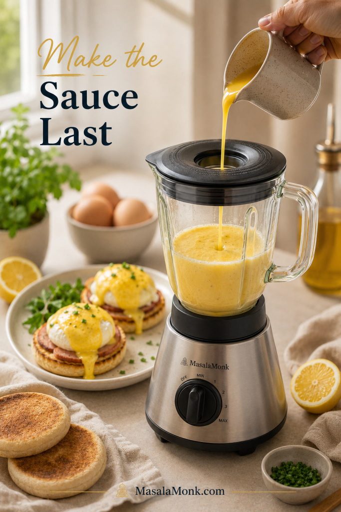Blender hollandaise being made beside prepared Eggs Benedict ingredients on a brunch counter.