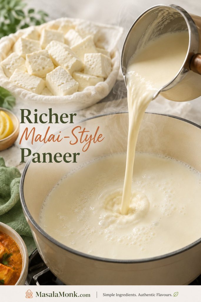 Cream being poured into warm milk in a pot with soft paneer cubes in the background.