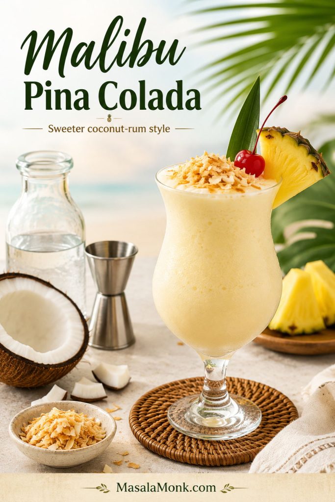 Malibu-style pina colada with toasted coconut topping, pineapple wedge, cherry, and coconut pieces.