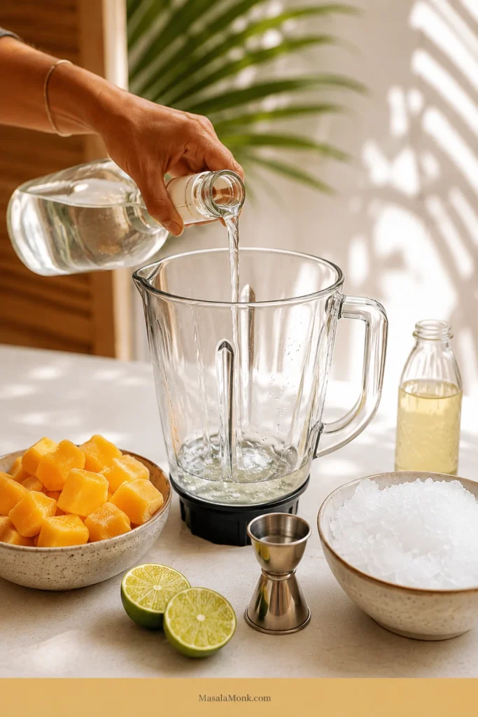Clear liquid being poured into a blender jar with frozen mango chunks, crushed ice, lime halves, a jigger, and syrup nearby.