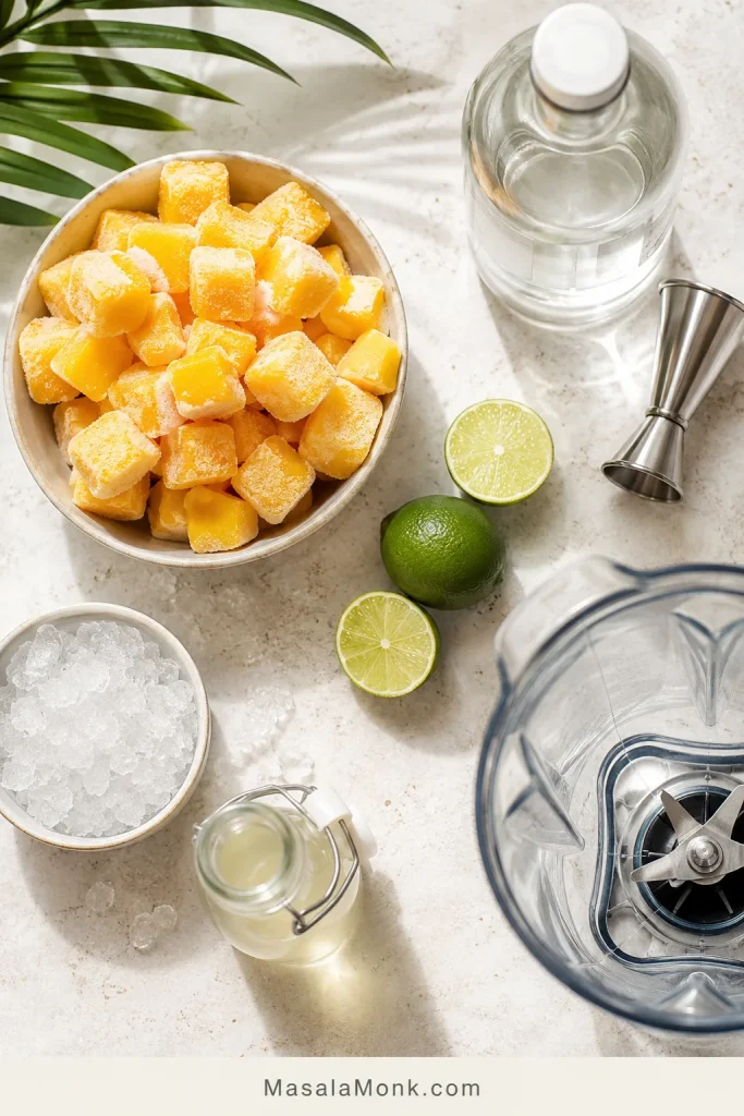 Overhead layout of frozen mango chunks, crushed ice, fresh limes, clear rum, simple syrup, a jigger, and a blender jar for a mango daiquiri.