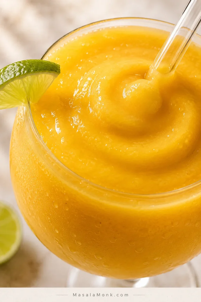 Close-up of a thick golden mango daiquiri with a lime garnish, condensation on the glass, and a clear straw touching the glossy frozen surface.
