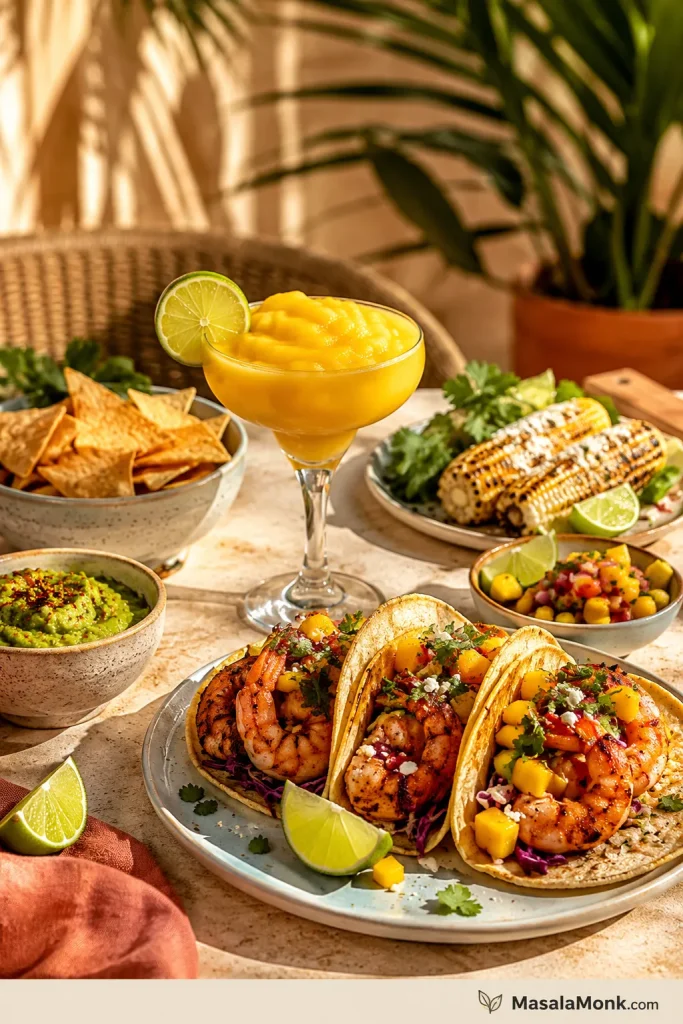 Mango daiquiri pitcher batch setup with a blender, glass pitcher, multiple glasses, frozen mango, crushed ice, limes, tacos, a jigger, and a linen napkin.