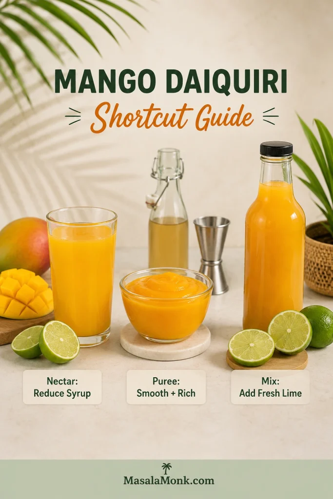 Mango daiquiri shortcut guide showing mango nectar, mango puree, bottled mix, lime halves, syrup, and a jigger on a cream background.